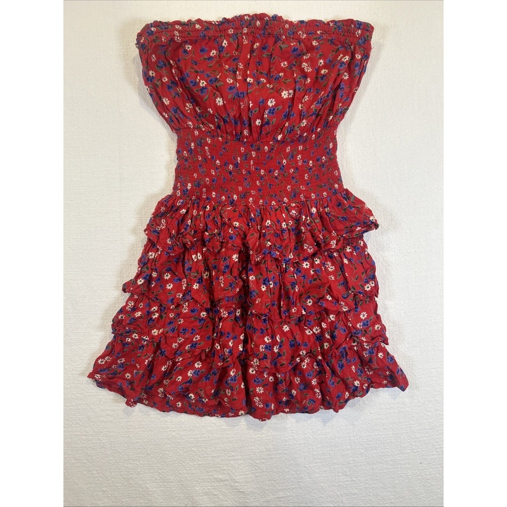 Patrons of Peace Red Ditsy Floral Strapless Smock Waist Tiered Ruffle Dress S